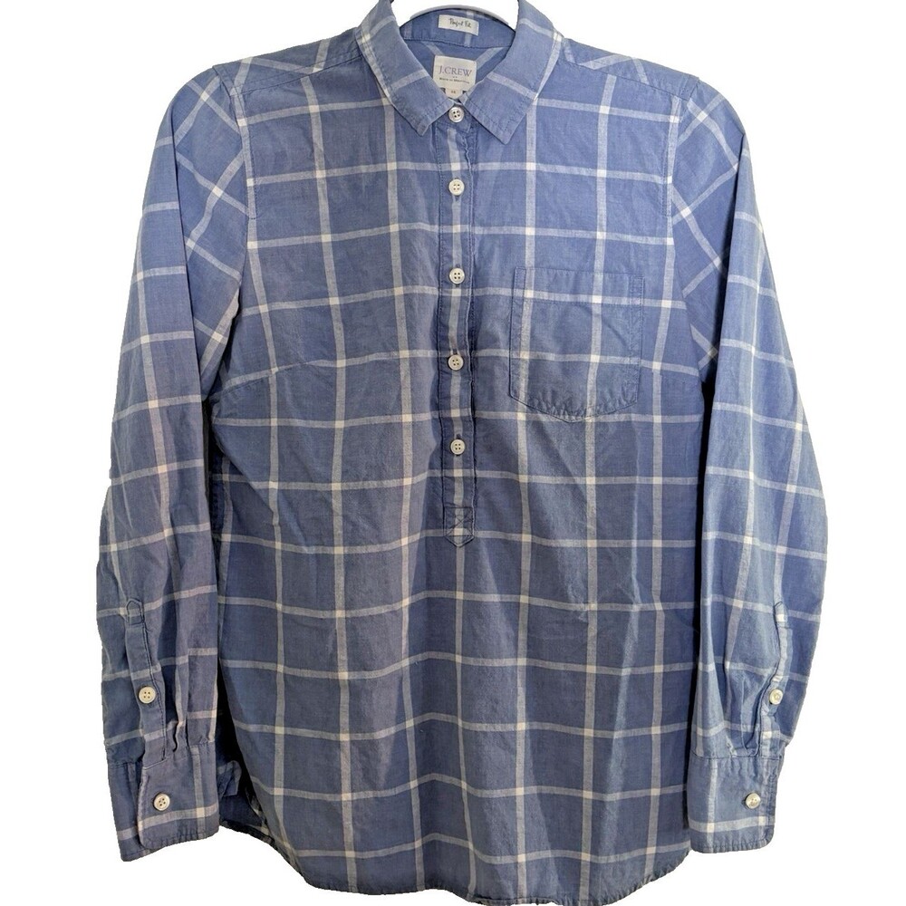 J.Crew Shirt Women's XS Relaxed Fit Popover Buttons Blue Plaid 100% Cotton EUC
